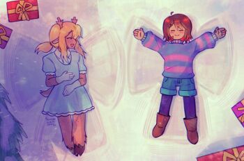 1girl 1other antlers black_pantyhose blonde_hair blue_dress blue_shorts blue_sweater boots box brown_boots brown_fur brown_hair closed_eyes commentary deer_antlers deer_tail double_horizontal_stripe dress english_commentary frisk_(undertale) furry furry_female gift gift_box gloves highres hooves horns noelle_holiday on_ground pantyhose pantyhose_under_shorts shorts smile snow snow_angel striped_clothes striped_sweater sweater tail undertale utdr_(toby_fox) ventalizm white_gloves