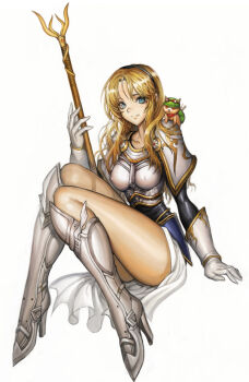 1girl armor blonde_hair blue_eyes boots breasts eden_hunter female_focus full_body gloves hairband large_breasts league_of_legends long_hair lux_(league_of_legends) simple_background smile solo staff teemo white_background