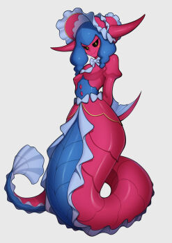 black_sclera blue_hair colored_sclera digimon digimon_(creature) fellming hat horns lamia lamiamon long_hair monster_girl ribbon yellow_eyes