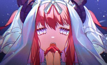 1girl blue_background blue_eyes close-up colored_extremities dragon_girl dragon_horns elizabeth_bathory_(avenger)_(fate) fangs fate/grand_order fate_(series) horns interlocked_fingers long_hair looking_at_viewer open_mouth own_hands_together praying red_hair sattari solo two_side_up veil white_headdress white_veil