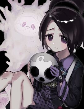 1boy :&lt; ahoge allister_(pokemon) androgynous black_gloves black_hair black_shirt cursola downturned_eyes feet_out_of_frame gen_8_pokemon gloves highres holding holding_mask huge_ahoge knees_together_feet_apart looking_at_viewer male_focus mask mole mole_on_cheek multicolored_gloves nintendo no_mask patterned_clothing pokemon pokemon_(creature) pokemon_swsh purple_eyes purple_gloves purple_shorts raised_inner_eyebrows shirt shorts single_glove sitting unworn_mask user_kanx4723