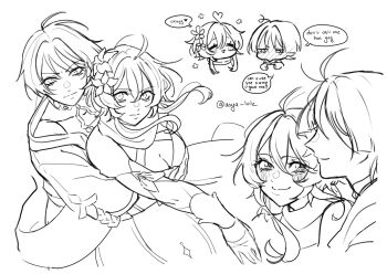 1boy 1girl ahoge antenna_hair anya_lolz arm_cutout arms_around_waist bare_shoulders blunt_ends bodysuit breasts carrying carrying_person choppy_bangs cleavage closed_eyes closed_mouth clothing_cutout commentary covered_collarbone cropped_torso detached_sleeves dress embarrassed english_commentary english_text eyelashes facing_another flower furisode genshin_impact greyscale hair_flower hair_ornament halterneck heart heart_ahoge hetero highres hug hug_from_behind index_fingers_together japanese_clothes kimono large_breasts layered_sleeves looking_at_another looking_at_viewer looking_down lumine_(genshin_impact) monochrome scaramouche_(genshin_impact) scarf scene_reference short_hair short_hair_with_long_locks short_sleeves shoulder_peek sidelocks smile speech_bubble split_mouth spoilers triangle_mouth tsurime twitter_username vambraces wanderer_(genshin_impact)