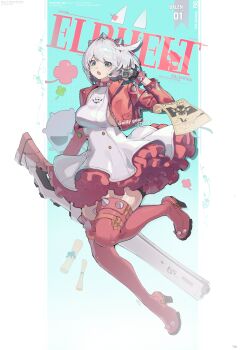 1girl absurdres boots breasts character_name commentary cropped_jacket dress elphelt_valentine full_body grey_hair guilty_gear guilty_gear_strive hairband highres jacket open_clothes open_jacket pink_background pink_hairband pink_jacket short_hair solo spiked_hairband spikes thigh_boots toa_0908 white_dress
