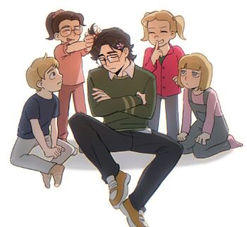 2boys 3girls black_pants blonde_hair blue_eyes bob_cut brother_and_sister brothers brown_hair child closed_eyes crossed_arms evgeny_seleznev family father_and_son finger_to_mouth flower glasses grabbing_another's_hair green_shirt green_sweater grin hair_flower hair_ornament hairclip holding_another's_hair indian_style long_sleeves looking_at_another medium_hair mother_and_son multiple_boys multiple_girls my_student_spirit overalls pants pink_shirt ponytail shirt shoes short_hair short_sleeves shushing siblings simple_background sitting smile sneakers socks standing sweater tongue tongue_out twintails white_background yy20251111