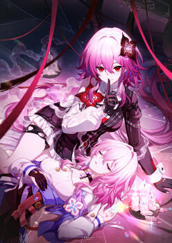 2girls absurdres black_gloves book breasts cancancancan candle chinese_commentary closed_eyes closed_mouth commentary_request dress evernight_(honkai:_star_rail) finger_to_mouth gloves hair_between_eyes hair_ornament highres honkai:_star_rail honkai_(series) index_finger_raised jacket lap_pillow long_hair long_sleeves looking_at_viewer lying march_7th_(honkai:_star_rail) multiple_girls on_back on_floor on_side pink_hair red_eyes shirt shushing skirt sleeping smile white_shirt