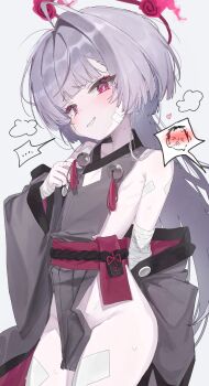 &gt;_&lt; ... 1girl absurdres ahoge arm_behind_back bandaged_arm bandages bandaid bandaid_on_face bandaid_on_shoulder bandaid_on_thigh bare_shoulders bell black_nails blue_archive blunt_bangs blush commentary cowboy_shot doodle_sensei_(blue_archive) fang flat_chest furrowed_brow gauze gauze_on_face gmx0317 grey_hair grey_kimono grin groin halo hand_up heart highres japanese_clothes jingle_bell kimono loli long_hair long_sleeves looking_at_viewer nail_polish naked_kimono naughty_face nose_blush red_eyes red_halo red_sash sash sensei_(blue_archive) shuro_(blue_archive) sideless_kimono simple_background single_hair_intake smile solo speech_bubble spoken_character spoken_ellipsis sweat thick_eyebrows tsurime very_long_hair white_background wide_sleeves
