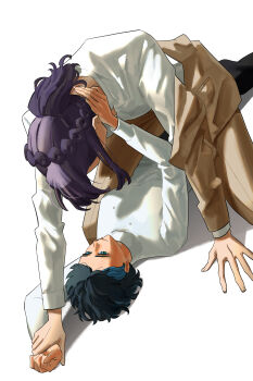 2girls absurdres black_pants blue_eyes blue_hair braid brown_jacket brown_pants commentary_request crown_braid gundam gundam_suisei_no_majo hand_on_another&#039;s_neck highres jacket korean_commentary long_sleeves multiple_girls nika_nanaura pants pinned purple_hair sabina_fardin shirt short_hair simple_background snapagi tears white_background white_shirt yuri