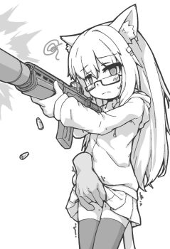 1girl aiming animal_ear_fluff animal_ears black_thighhighs bullet choppy_bangs clothes_lift commentary disembodied_hand fingering firing gun hair_ornament hairclip highres holding holding_gun holding_weapon hood hoodie lifting_another's_clothes long_hair miniskirt monochrome muzzle_flash original parallel_hairclips pleated_skirt qswan semi-rimless_eyewear simple_background skirt skirt_lift squiggle sweatdrop symbol-only_commentary tail thighhighs trembling weapon white_background zettai_ryouiki