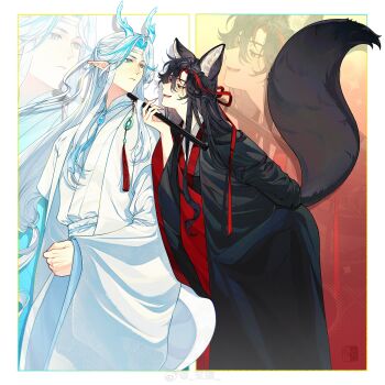 Rule 34 | 2boys, absurdres, alternate hair color, animal ears, arms behind back, bishounen, black coat, black hair, black hanfu, blue eyes, blue hair, chenqing flute, chinese clothes, chinese commentary, closed mouth, coat, commentary request, couple, dizi, dragon boy, dragon horns, dragon tail, eastern dragon horns, eastern dragon tail, flute, flute tassel, fox boy, fox ears, fox tail, hair down, hair ribbon, half updo, hanfu, headband, highres, holding, holding flute, holding instrument, horns, instrument, kemonomimi mode, lan wangji, leaning forward, long hair, long sleeves, looking at another, male focus, modao zushi, multicolored hair, multiple boys, official alternate costume, official alternate hairstyle, open clothes, open coat, open mouth, pointy ears, red eyes, red hair, red ribbon, ribbon, robe, sidelocks, smile, streaked hair, tail, tassel, transverse flute, two-tone hair, watermark, wei wuxian, wei wuxian (yiling laozu), weibo watermark, white coat, white hair, white hanfu, white headband, wide sleeves, xuan mao, yaoi, zoom layer