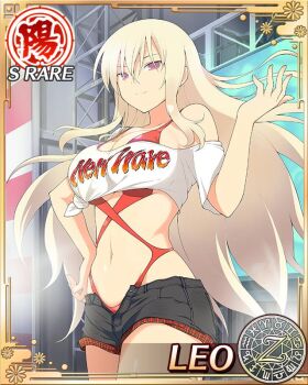 1girl aquarius_(symbol) aries_(symbol) bikini bikini_under_clothes black_shorts blonde_hair border breasts cancer_(symbol) capricorn_(symbol) card_(medium) character_name cleavage crop_top dodecagram english_text gemini_(symbol) groin hair_between_eyes hand_on_own_hip large_breasts leo_(senran_kagura) leo_(symbol) libra_(symbol) light_smile linea_alba long_hair looking_at_viewer navel official_art open_fly pisces_(symbol) plaid_trim purple_eyes red_slingshot_swimsuit sagittarius_(symbol) school_emblem scorpio_(symbol) senran_kagura senran_kagura_new_wave shirt short_shorts shorts sidelocks slingshot_swimsuit smile solo swimsuit swimsuit_under_clothes taurus_(symbol) tied_shirt underboob very_long_hair virgo_(symbol) white_shirt zodiac_wheel