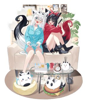;d absurdres animal_ear_piercing animal_ears aqua_eyes black_hair black_shorts black_socks blue_pajamas blue_shorts borumete bow_hairband braid character_mask clock coffee_table commentary_request controller couch dark_persona double-parted_bangs fox_ears fox_girl fox_tail fubuzilla_(shirakami_fubuki) full_body game_controller glasses hair_between_eyes hairband highres holding holding_controller holding_game_controller holding_phone hololive indoors knees_up kurokami_fubuki long_hair mask mask_on_head miteiru_(shirakami_fubuki) nejima_kitsune_(shirakami_fubuki) no_shoes on_couch one_eye_closed open_mouth oruyanke_(shirakami_fubuki) pajamas pentagram phone photo_(object) red_eyes red_streaks red_sweater round_eyewear shirakami_fubuki short_shorts shorts side_braid sitting sleep_mask slippers smile socks sukonbu_(shirakami_fubuki) sweater table tablet_pc tail virtual_youtuber white_hair