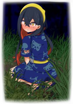 1girl :o absurdres animal_print ass black_hair blue_sandals blue_shirt blue_shorts blurry blurry_background blush border carmine_(pokemon) caught colored_inner_hair constricted_pupils convenient_censoring cross-laced_clothes cross-laced_sleeves crossed_bangs embarrassed fanny_pack female_focus from_behind full_body grass hair_between_eyes hairband have_to_pee highres japanese_clothes jinbei_(clothes) long_hair mizuumi_(expanse_lake) mole mole_under_eye multicolored_hair night nintendo nose_blush official_alternate_costume open_mouth outdoors pee peeing peeing_self pocket pokemon pokemon_sv red_hair sandals shirt shorts sidelocks solo squatting steam surprised sweat tears two-tone_hair white_border wide-eyed wide_sleeves yellow_eyes yellow_hairband