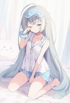 Rule 34 | 1girl, absurdres, ahoge, barefoot, between legs, blue eyes, blue scrunchie, blue shorts, closed mouth, female tyrant (stella sora), fluffy hair, frilled straps, full body, grey hair, hand between legs, hand up, hashtag-only commentary, highres, jewelry, key, key necklace, light frown, long hair, mask, mask on head, necklace, one eye closed, pointy ears, raised inner eyebrows, rubbing eyes, scrunchie, shirokuma (zeroillya), shirt, short shorts, shorts, sidelocks, sitting, sleep mask, sleeveless, sleeveless shirt, solo, stella sora, straight hair, stuffed animal, stuffed toy, tyrant (stella sora), very long hair, wariza, white shirt, wrist scrunchie