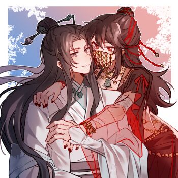 1boy 1girl alternate_costume arabian_clothes artist_request bandaged_arm bandages bell black_dress black_eyes black_hair black_nails bracelet brown_hair chain chinese_clothes chinese_commentary closed_mouth coin coin_(ornament) commission covered_mouth crop_top dancer dao_gui_yi_xian dress genderswap genderswap_(mtf) gold_chain hair_bun hair_ornament hair_ribbon hair_stick hanfu harem_outfit hetero highres holding_hands holed_coin hug jewelry li_huowang long_hair long_sleeves looking_at_another looking_at_viewer mask midriff mouth_veil nail_polish neck_bell necklace paintbrush_hair_ornament red_eyes red_veil ribbon sash second-party_source see-through_clothes see-through_sleeves single_hair_bun smile upper_body veil white_hanfu zhuge_yuan