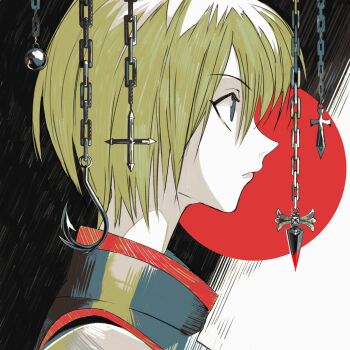 1boy blonde_hair blue_eyes blue_tabard chain closed_mouth commentary cross from_side highres hook hunter_x_hunter kurapika short_hair solo tabard yonq98