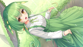 1girl :d blush breasts brown_eyes collared_shirt commentary_request day dress_shirt frilled_skirt frilled_umbrella frills grass green_hair green_ribbon green_skirt hair_between_eyes high-waist_skirt highres holding holding_umbrella long_hair long_sleeves looking_at_viewer medium_breasts neck_ribbon ojou-sama_zundamon open_mouth outdoors puffy_long_sleeves puffy_sleeves ribbon shirt skirt sleeves_past_wrists smile solo umbrella umitonakai very_long_hair voicevox white_shirt white_umbrella zundamon