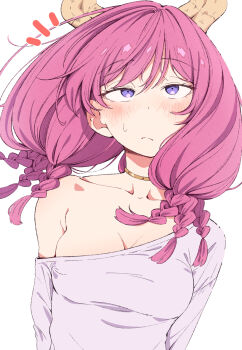 Rule 34 | 1girl, alternate costume, aura (sousou no frieren), blush, braid, breasts, casual, cleavage, closed mouth, collarbone, commentary request, demon girl, demon horns, eitopondo, frown, gold choker, highres, horns, looking at viewer, medium breasts, medium hair, multiple braids, notice lines, purple eyes, purple hair, purple shirt, shirt, simple background, single off shoulder, solo, sousou no frieren, sweatdrop, upper body, white background