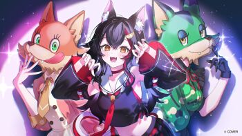 3girls :d animal_ears black_gloves black_hair black_serafuku black_shirt black_skirt black_sleeves black_tail brown_dress buttons choker collared_dress copyright_name cropped_shirt crossed_bangs detached_sleeves double-breasted double-parted_bangs dress flipped_hair fox_mask frilled_dress frills gloves green_dress hair_between_eyes hair_ornament hairclip hand_up hands_up highres hololive kouhaku_nawa long_hair looking_at_viewer mask midriff multicolored_hair multiple_girls neck_ribbon necktie nekoyashiki_pushio official_art ookami_mio ookami_mio_(1st_costume) open_mouth pleated_skirt red_choker red_hair red_necktie ribbon rope sailor_collar school_uniform serafuku shimenawa shirt sidelocks skirt sleeveless sleeveless_shirt smile spiked_hair streaked_hair three-quarter_sleeves very_long_hair virtual_youtuber white_sailor_collar wolf_ears wolf_girl yellow_eyes yellow_necktie