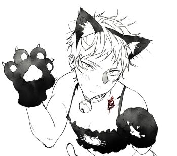 1boy animal_ears animal_hands blush cat_boy cat_cutout cat_tail clothing_cutout commentary crossdressing crossdressing_(mtf) earrings fake_animal_ears gloves highres jewelry k-project looking_at_viewer male_focus paw_gloves short_hair solo symbol-only_commentary tail treslech3s upper_body yata_misaki