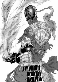 1boy 913kousatu absurdres armor breastplate commentary_request cowboy_shot dark_souls_(series) dark_souls_ii faulds fire flaming_sword flaming_weapon greyscale helm helmet highres holding holding_sword holding_weapon katana knight male_focus monochrome pauldrons shoulder_armor simple_background sir_alonne solo sword weapon