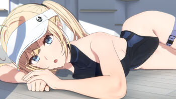 1girl 3d :o akehi_yuki backless_leotard black_leotard blonde_hair blue_eyes buckle commentary_request hat highleg highleg_leotard indoors leotard long_hair looking_at_viewer lying miyo_(akehi_yuki) on_floor on_side original paid_reward_available snap-fit_buckle thigh_gap thigh_strap thighs twintails visor_cap white_hat wooden_floor