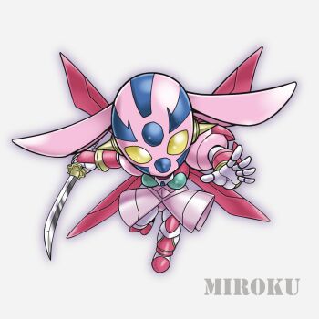 1girl armor boobplate breastplate breasts chibi chibi_only getter_rekka getter_robo getter_robo_daikessen! hands_up head_spikes holding holding_sword holding_weapon katana looking_at_viewer mecha mecha_focus miroku_(miroku_t) multicolored_armor outstretched_hand pink_armor robot robot_girl solo super_robot sword weapon yellow_eyes