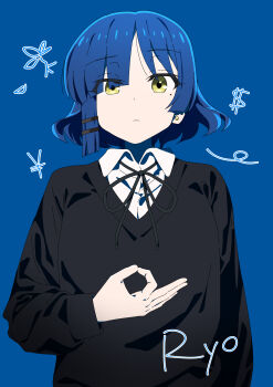 1girl absurdres black_ribbon black_sweater blue_background blue_hair bocchi_the_rock! character_name closed_mouth collared_shirt commentary_request dot_nose earrings hair_ornament hairclip hand_up highres jewelry looking_at_viewer mole mole_under_eye money_gesture neck_ribbon ok_sign oriorioiro parallel_hairclips ribbon school_uniform shirt short_hair simple_background solo stud_earrings sweater upper_body white_shirt wing_collar yamada_ryo yellow_eyes