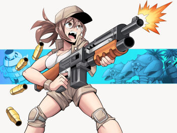 Rule 34 | 1girl, breasts, brown eyes, brown hair, brown hat, brown shorts, brown vest, casing ejection, commentary request, feet out of frame, field cap, fio germi, firing, gun, hat, highres, holding, holding gun, holding weapon, knee pads, large breasts, machine gun, metal slug, midriff, open clothes, open mouth, open vest, pechamaju, rimless eyewear, round eyewear, shell casing, short shorts, shorts, solo, teeth, upper teeth only, vest, weapon, wristband