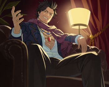 1boy absurdres black_clover black_clover_m:_rise_of_the_wizard_king black_hair blue_jacket brown_pants facial_hair film_grain grin highres indoors jacket jewelry lamp looking_at_viewer necklace non-web_source official_alternate_costume official_art open_clothes open_jacket pants purple_scarf scarf shirt sitting smile solo stubble white_shirt yami_sukehiro