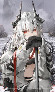 1girl absurdres arknights artist_name black_gloves black_horns breasts chinese_commentary cleavage commentary_request covered_mouth flower gloves hair_between_eyes highres horns jumpsuit liuyunnnn long_hair long_sleeves looking_at_viewer material_growth medium_breasts mudrock_(arknights) mudrock_(elite_ii)_(arknights) navel oripathy_lesion_(arknights) pointy_ears red_eyes smoke solo watermark white_flower white_hair