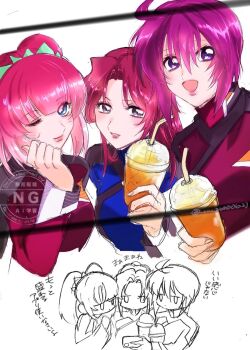 Rule 34 | 3girls, agnes giebenrath, ahoge, artist name, blue eyes, blush, breasts, cellphone, commentary request, compass uniform, eyeshadow, flay allster, gundam, gundam seed, gundam seed freedom, highres, holding, holding phone, jacket, lipstick, long hair, long sleeves, looking at phone, looking at viewer, lunamaria hawke, makeup, military, military uniform, multiple girls, one eye closed, open mouth, phone, pink hair, ponytail, purple eyes, purple hair, red hair, red jacket, red lips, sakamoto (uuu a60006 a3), selfie, short hair, smartphone, smile, taking picture, translation request, twintails, twitter username, upper body, watermark