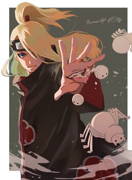 1boy akatsuki_uniform black_headband black_jacket blonde_hair blue_eyes border bug deidara_(naruto) extra_mouth grey_background hair_over_one_eye half_updo headband highres jacket long_hair male_focus naruto_(series) naruto_shippuuden outstretched_hand parted_lips ponytail saliva solo spider tongue tongue_out twitter_username unno_24 upper_body white_border