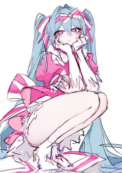 +_+ 1girl blue_hair blush bow bow_hairband bowtie dress gloves hair_bow hairband hatsune_miku high_heels highres ima_sugu_rinne_(vocaloid) long_hair looking_at_viewer magical_girl patterned_eyes pink_bow pink_bowtie pink_dress pink_hairband pink_skirt puffy_short_sleeves puffy_sleeves short_sleeves simple_background skirt solo squatting star_(symbol) thighs twintails ummwa very_long_hair vocaloid white_background white_bow white_gloves