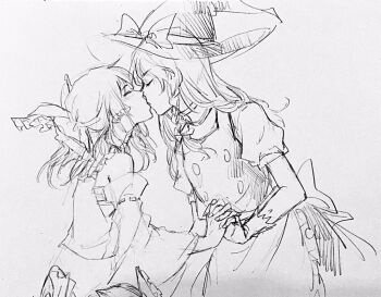 2girls aihara-rina apron bow braid chinese_commentary closed_eyes commentary_request detached_sleeves frilled_bow frilled_hair_tubes frills greyscale hair_bow hair_tubes hakurei_reimu hat hat_bow holding_hands interlocked_fingers kirisame_marisa kiss long_hair monochrome multiple_girls puffy_short_sleeves puffy_sleeves ribbon-trimmed_sleeves ribbon_trim short_sleeves side_braid single_braid sketch skirt touhou waist_apron witch_hat yuri