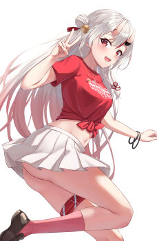 1girl absurdres alternate_costume ass bell black_footwear blush clothes_writing commentary_request double_bun gold_necklace gradient_hair grey_hair hair_bell hair_between_eyes hair_bun hair_ornament hand_up highres hololive horns jewelry leeshin0919 long_hair looking_at_viewer midriff multicolored_hair nakiri_ayame navel necklace oni open_mouth pink_socks pleated_skirt red_eyes red_hair red_shirt revision shirt short_sleeves simple_background skin-covered_horns skirt smile socks solo streaked_hair teeth thigh_strap thighs tied_shirt upper_teeth_only v virtual_youtuber white_background white_skirt