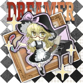 1girl apron black_hat black_shoes black_skirt black_vest blonde_hair bow braid checkered_background commentary cookie_(touhou) english_commentary frilled_apron frilled_hat frilled_skirt frills full_body glasses grand_piano hair_bow hat hat_bow highres holding holding_paint_palette holding_paintbrush instrument kirisame_marisa long_hair looking_at_viewer open_mouth paint_palette paintbrush piano pink_bow puffy_short_sleeves puffy_sleeves red-framed_eyewear shirt shoes short_sleeves side_braid single_braid sixsec6ndzlater skirt skirt_set socks solo sparkle touhou triangle_mouth uzuki_(cookie) vest waist_apron white_apron white_shirt white_socks witch_hat yellow_eyes