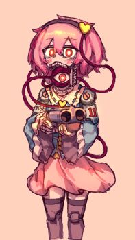 1girl absurdres black_thighhighs blue_shirt collar cowboy_shot double-barreled_shotgun gun hairband heart highres humanoid_robot joints komeiji_satori lethal_company long_sleeves nutcracker_(lethal_company) pink_hair pink_skirt rampa93 red_eyes robot robot_girl robot_joints shirt short_hair shotgun simple_background skirt solo thighhighs third_eye touhou weapon white_collar zettai_ryouiki