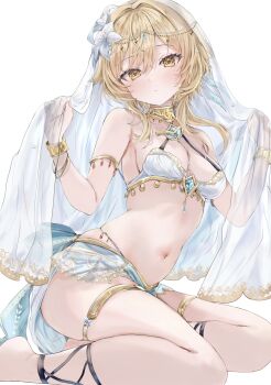 1girl alternate_costume bare_shoulders blonde_hair blue_gemstone blue_loincloth blush breasts cleavage closed_mouth dancer fingernails flower gem genshin_impact hair_between_eyes hair_flower hair_ornament harem_outfit highres loincloth looking_at_viewer lumine_(genshin_impact) maruro medium_breasts navel seiza short_hair_with_long_locks simple_background sitting solo stomach veil white_background white_flower white_veil yellow_eyes