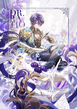 Rule 34 | 1boy, absurdres, air bubble, black gloves, black pants, black shirt, blue jacket, blueberry, bracer, brooch, bubble, character name, chinese commentary, cleavage cutout, closed mouth, clothing cutout, collared shirt, crossed legs, cup, curtained hair, dated, dr. ratio's book (honkai: star rail), dr. ratio (honkai: star rail), feet out of frame, fingerless gloves, flower, flying paper, food, fruit, geometry, gloves, greco-roman clothes, hair between eyes, highres, holding, holding quill, honkai: star rail, honkai (series), in container, in cup, jacket, jewelry, laurel crown, male focus, math, multicolored jacket, nnnnnova, pants, paper, partially submerged, pectoral cleavage, pectorals, pillar, procreate (medium), purple flower, purple hair, quill, red eyes, sample watermark, shirt, short hair, single bare shoulder, single sleeve, sitting, sleeveless, sleeveless shirt, solo, thigh strap, two-tone jacket, water, watermark, white jacket