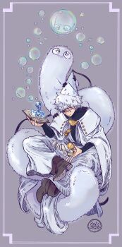 Rule 34 | 1boy, absurdres, black eyes, book, boots, brown boots, brushbuddy, bubble, casting spell, cloak, closed eyes, creature, glasses, hat, highres, holding, holding book, long sleeves, magic, male focus, qifrey (tongari boushi no atelier), reflection, sitting, smile, tongari boushi no atelier, water, white hair, wolpattinger