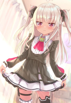 1girl black_bow black_dress black_thighhighs blush bow closed_mouth commentary_request dark-skinned_female dark_skin dress grey_hair hair_bow highres long_hair looking_at_viewer maid matsukai_mao nijisanji purple_eyes skirt solo thigh_strap thighhighs two_side_up virtual_youtuber white_skirt yotuba_mokoh_(benzenex)