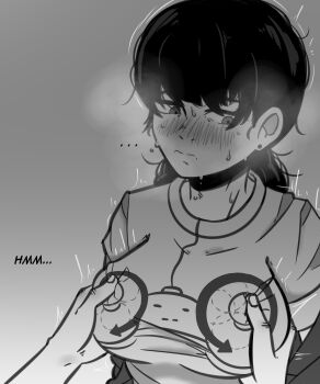 1girl absurdres black_hair blush breasts chainsaw_man controller disembodied_hand game_controller grabbing_another's_breast groping highres mitaka_asa monochrome print_shirt shir0zzz shirt simple_background steam sweat t-shirt