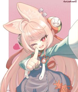 1girl absurdres ahoge animal_ear_fluff animal_ear_piercing animal_ears blush braid bright_pupils commentary english_commentary furry furry_female hair_ornament highres long_hair looking_at_viewer open_mouth pink_fur pink_hair rabbit_ears rabbit_girl ranschnell red_eyes shirt short_eyebrows solo thick_eyebrows twin_braids white_pupils zenless_zone_zero zhao_(zenless_zone_zero)