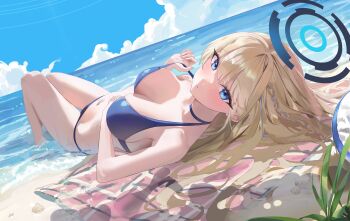 1girl absurdres alternate_costume alternate_hairstyle beach bikini blonde_hair blue_archive blue_bikini blue_eyes blue_halo blush braid breasts closed_mouth commentary halo hido88 highres large_breasts long_hair looking_at_viewer lying ocean on_back single_braid solo swimsuit toki_(blue_archive)