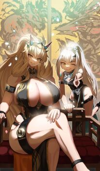 2girls absurdres arm_strap bare_shoulders barghest_(fate) biceps black_dress blonde_hair blue_trim breasts china_dress chinese_clothes cleavage commentary_request dress fate/grand_order fate_(series) forked_eyebrows gold_trim green_eyes grin heterochromia high_ponytail highres horns huge_breasts long_hair looking_at_viewer melusine_(fate) multiple_girls muscular muscular_female o-ring one_eye_closed pelvic_curtain ponytail red_eyes shibao_aoyama sidelocks small_breasts smile thick_thighs thigh_strap thighs tongue tongue_out white_hair yellow_eyes