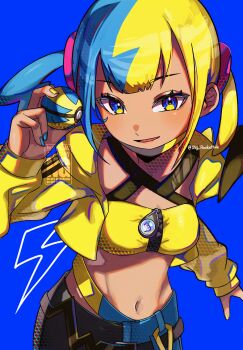 1girl aqua_hair bandeau black_mask blonde_hair blue_background blue_eyes blue_nails blush breasts canari_(pokemon) criss-cross_straps dark-skinned_female dark_skin highres holding holding_poke_ball jacket long_sleeves looking_at_viewer mask mask_pull medium_breasts mega_stone mouth_mask multicolored_hair navel nintendo open_mouth pants parted_lips poke_ball pokemon pokemon_legends:_z-a quick_ball short_twintails simple_background smile solo split-color_hair sports_bra twintails two-tone_hair two-tone_mask two-tone_pants yellow_bandeau yellow_jacket yellow_mask yellow_nails yellow_sports_bra yomogi_dango_(sbj_rocketlink)