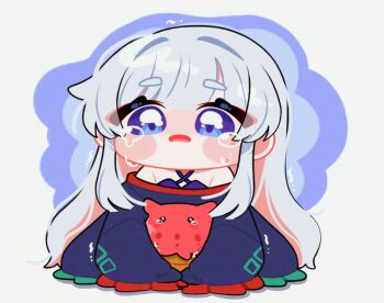 Rule 34 | 1girl, bare shoulders, blue eyes, blue kimono, blunt bangs, blush stickers, chibi, chibi only, cho kaguya-hime!, commentary request, crying, crying with eyes open, frilled sleeves, frills, full body, hehe5ya, highres, japanese clothes, kimono, korean commentary, long hair, long sleeves, looking at viewer, open mouth, runami yachiyo, sad, sitting, solo, tears, very long hair, white hair