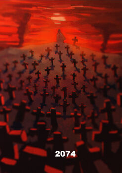 Rule 34 | 2074, cloud, cloudy sky, commentary, english commentary, gas mask, graveyard, highres, hood, hood up, kyokugen dasshutsu, kyokugen dasshutsu adv: zennin shibou desu, lang95, mask, red sky, scenery, sky, smoke, spoilers, tombstone, zero (kyokugen dasshutsu)