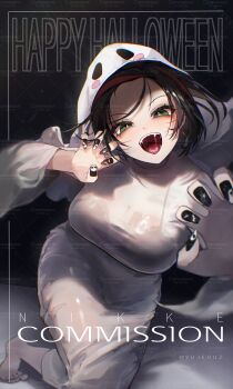 1girl absurdres artist_name black_background black_bra black_hair black_nails blurry bra breasts claw_pose cleavage commentary commission crow_(nikke) depth_of_field dot_nose english_commentary english_text forehead ghost_costume goddess_of_victory:_nikke green_eyes halloween halloween_costume happy_halloween highres kneeling large_breasts looking_at_viewer multicolored_hair multicolored_nails naughty_face open_mouth raised_eyebrows red_hair saliva saliva_trail see-through_clothes single_bare_foot solo streaked_hair teeth tight_clothes tongue twitter_username two-tone_hair two-tone_nails underwear watermark white_nails yujeuuz