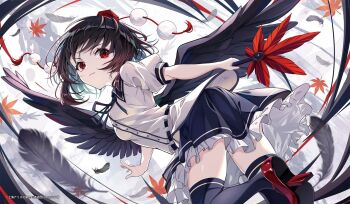1girl black_feathers black_hair black_ribbon black_skirt black_thighhighs black_wings feathered_wings feathers frilled_skirt frills geta hand_fan hat hauchiwa highres holding holding_fan looking_at_viewer pom_pom_(clothes) puffy_short_sleeves puffy_sleeves red_eyes ribbon shameimaru_aya shirt short_hair short_sleeves skirt solo tengu-geta thighhighs tokin_hat touhou white_shirt wings yamanakaume